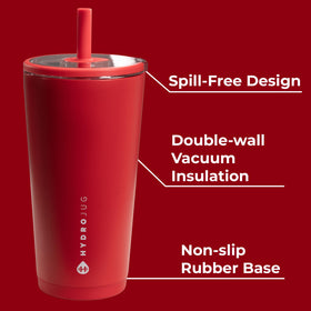 Soft-touch lid and straw on HydroJug tumbler for easy sipping at desk or in transit.