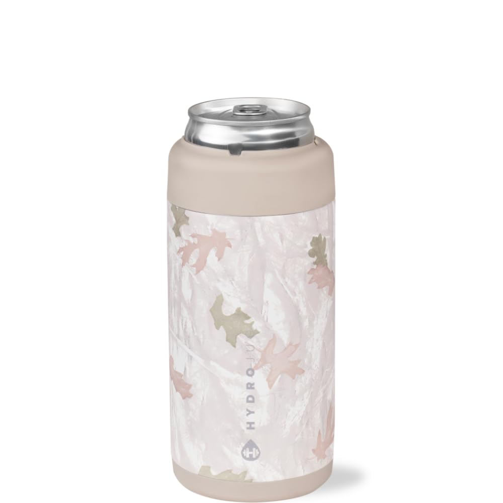 HydroJug Slim Can Cooler camo lid close-up, secure twist-on lid for spill-free transport.