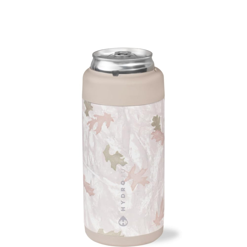 HydroJug Slim Can Cooler camo lid close-up, secure twist-on lid for spill-free transport.