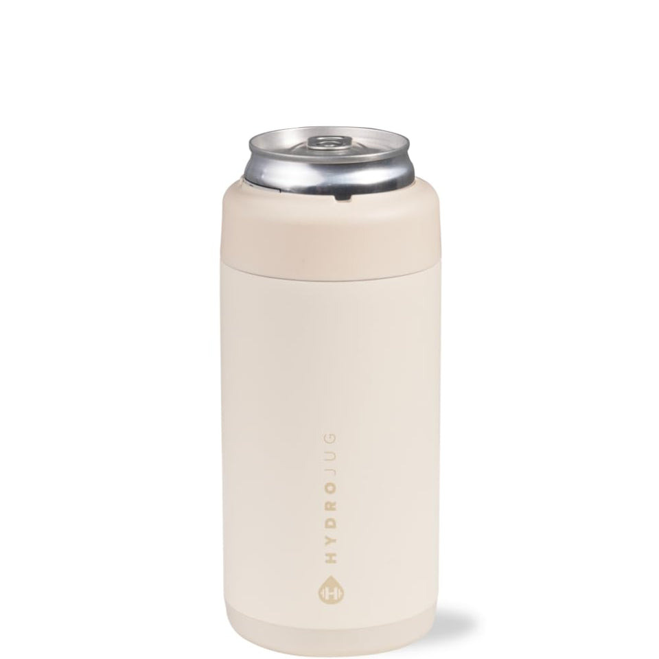 HydroJug Slim Can Cooler in cream with a sleek exterior for on-the-go cooling