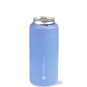 HydroJug Slim Can Cooler front view holding a 12 oz can, light blue finish.