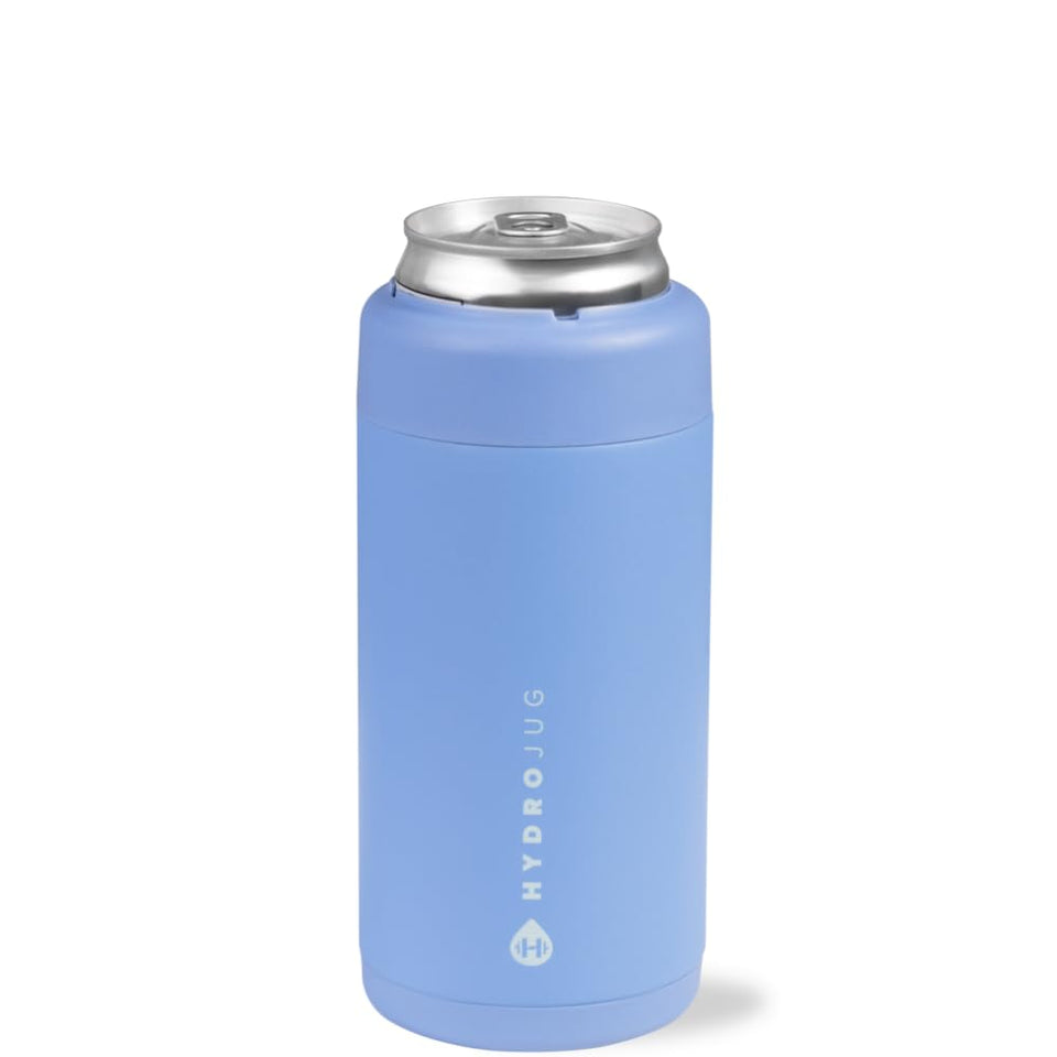 HydroJug Slim Can Cooler front view holding a 12 oz can, light blue finish.