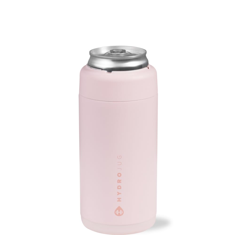 HydroJug Slim Can Cooler pink sand side view shows cold can and dry grip.