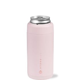 HydroJug Slim Can Cooler pink sand side view shows cold can and dry grip.