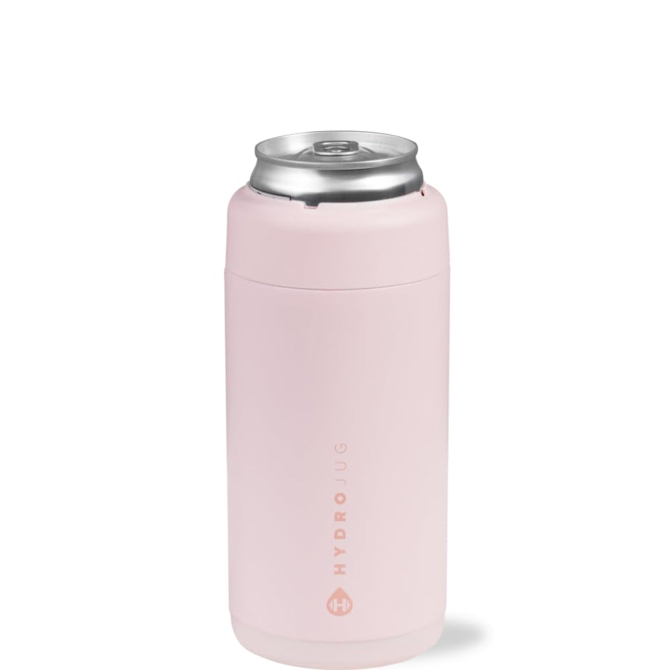 HydroJug Slim Can Cooler pink sand side view shows cold can and dry grip.