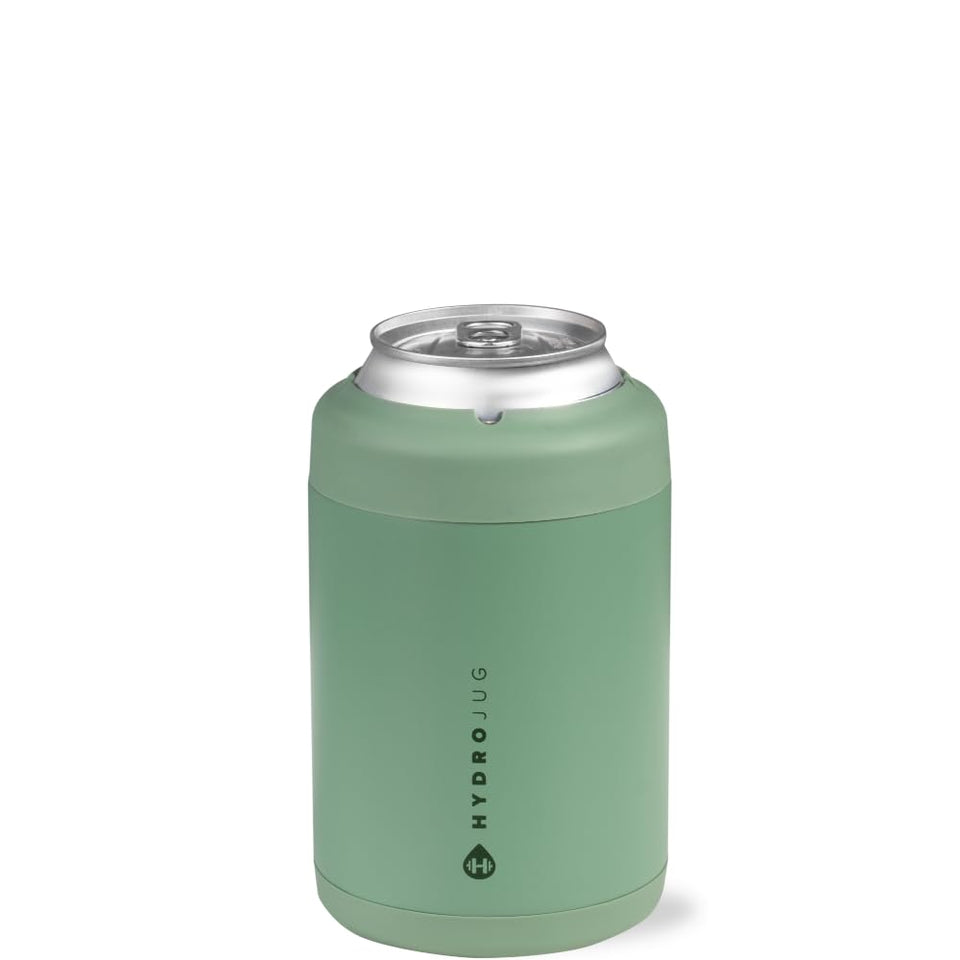 HydroJug Standard Can Cooler Sage front view holding a cold 12oz can.