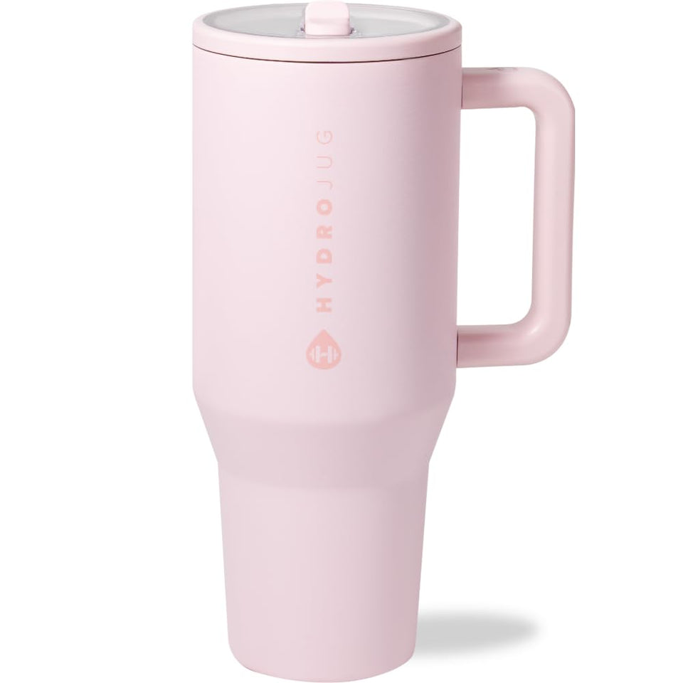 HydroJug Traveler 40 oz with handle and flip straw, easy to grip on hikes.