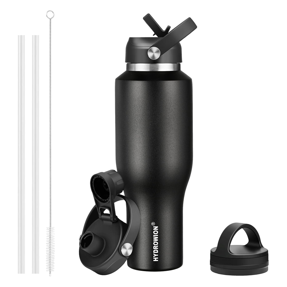 HYDROWION 40oz bottle with slim design fits standard cup holders for easy travel.
