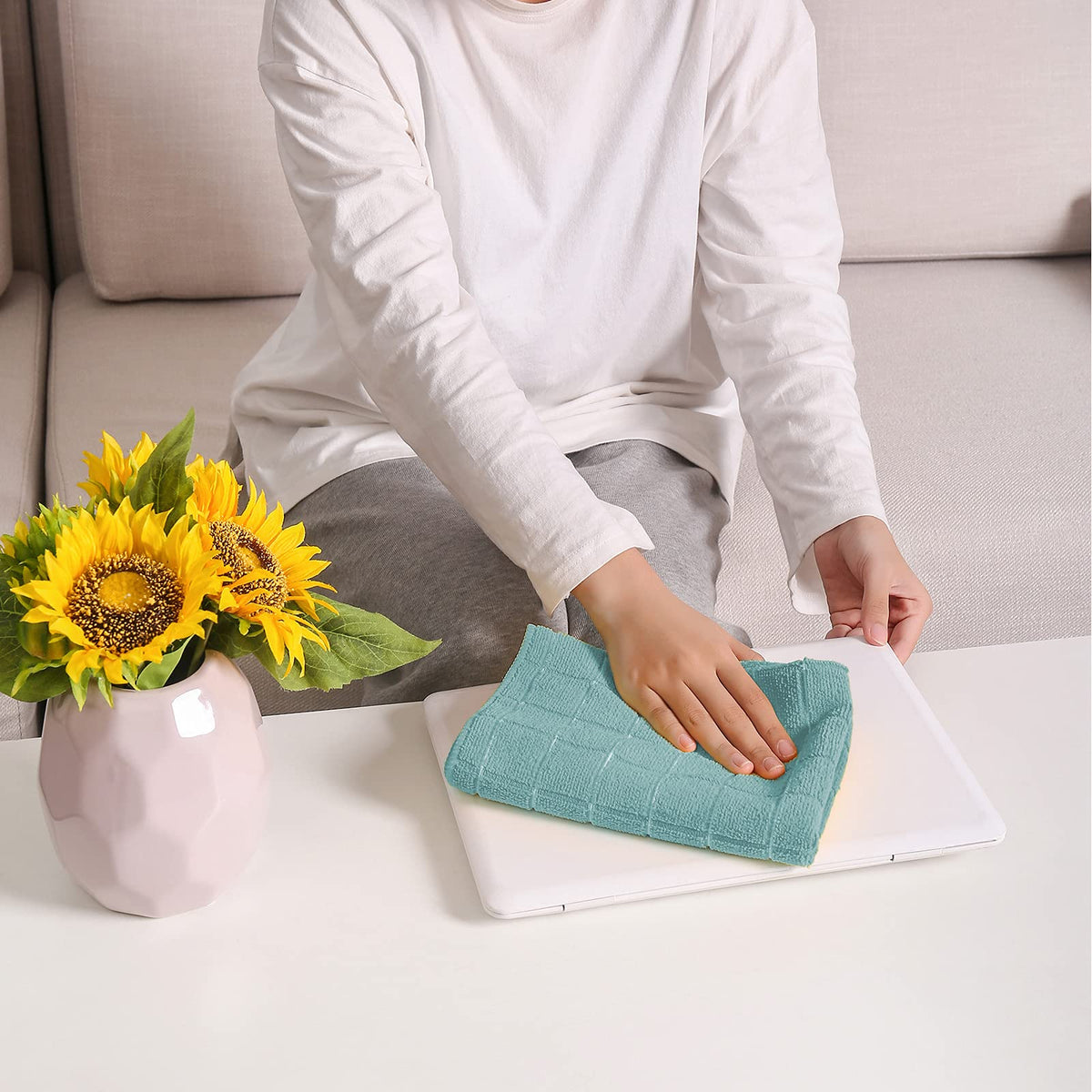 HYER KITCHEN lattice lake blue towels ideal for drying glassware, counters, and pans.