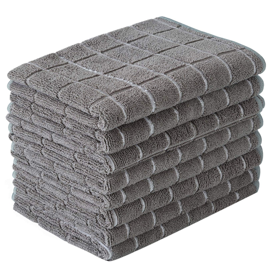 HYER KITCHEN microfiber dish towels in lattice gray for quick absorption and lint-free drying.