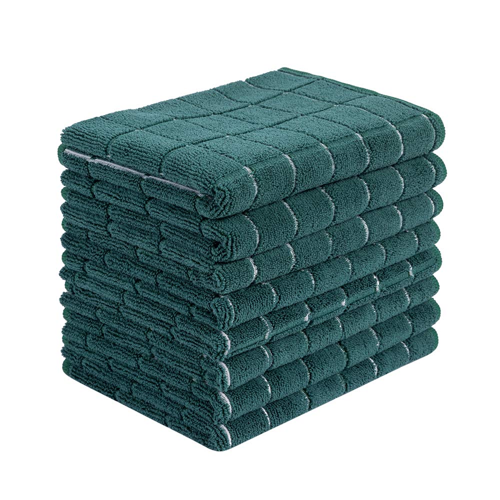 HYER KITCHEN microfiber dish towels eight-pack lattice green, highly absorbent and reusable.