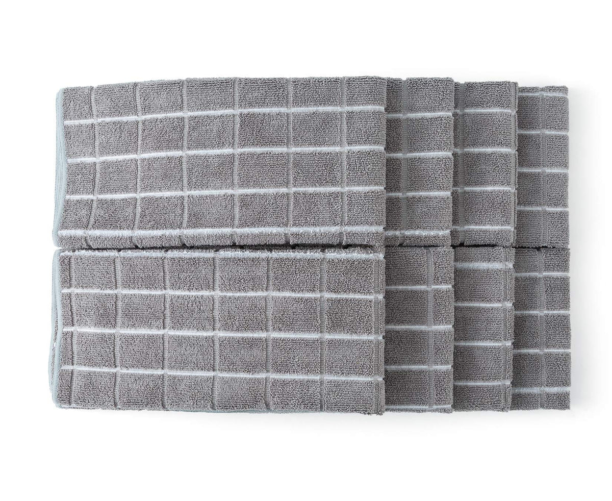 HYER KITCHEN microfiber towels in lattice gray are soft, thick, and highly absorbent.