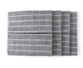 HYER KITCHEN microfiber towels in lattice gray are soft, thick, and highly absorbent.