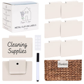 Hygge & Sage metal non-slip clip-on labels on a storage bin for easy labeling