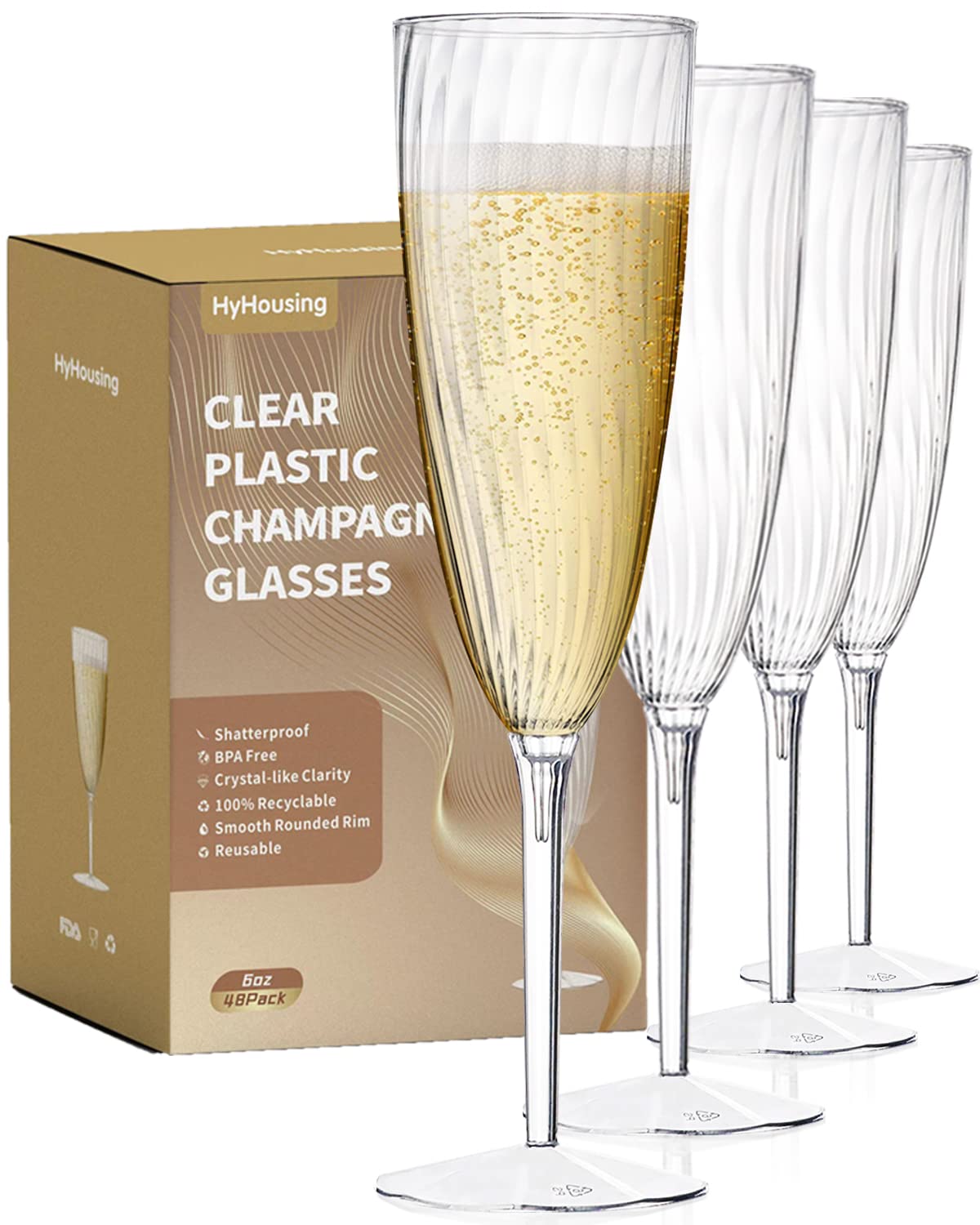 HyHousing 48-pack clear champagne flutes ready for elegant toasts and quick cleanup.
