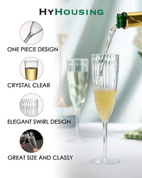 HyHousing wedding table with clear plastic flutes for stylish, spill-free celebrations.