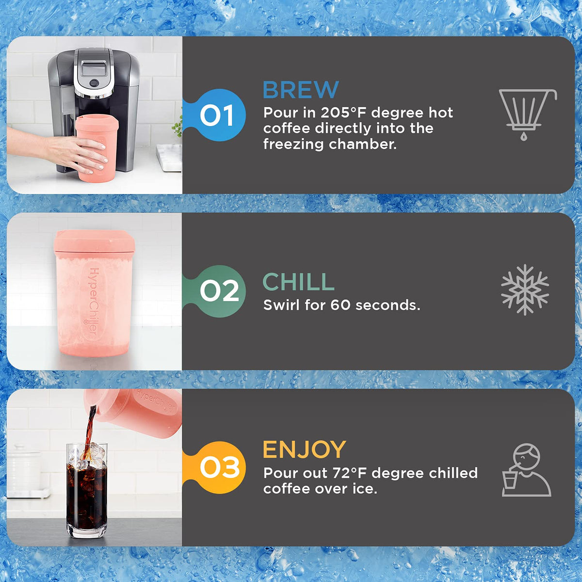 HyperChiller cooled-coffee-pour demonstrates fast, non-diluted chilling into a glass.