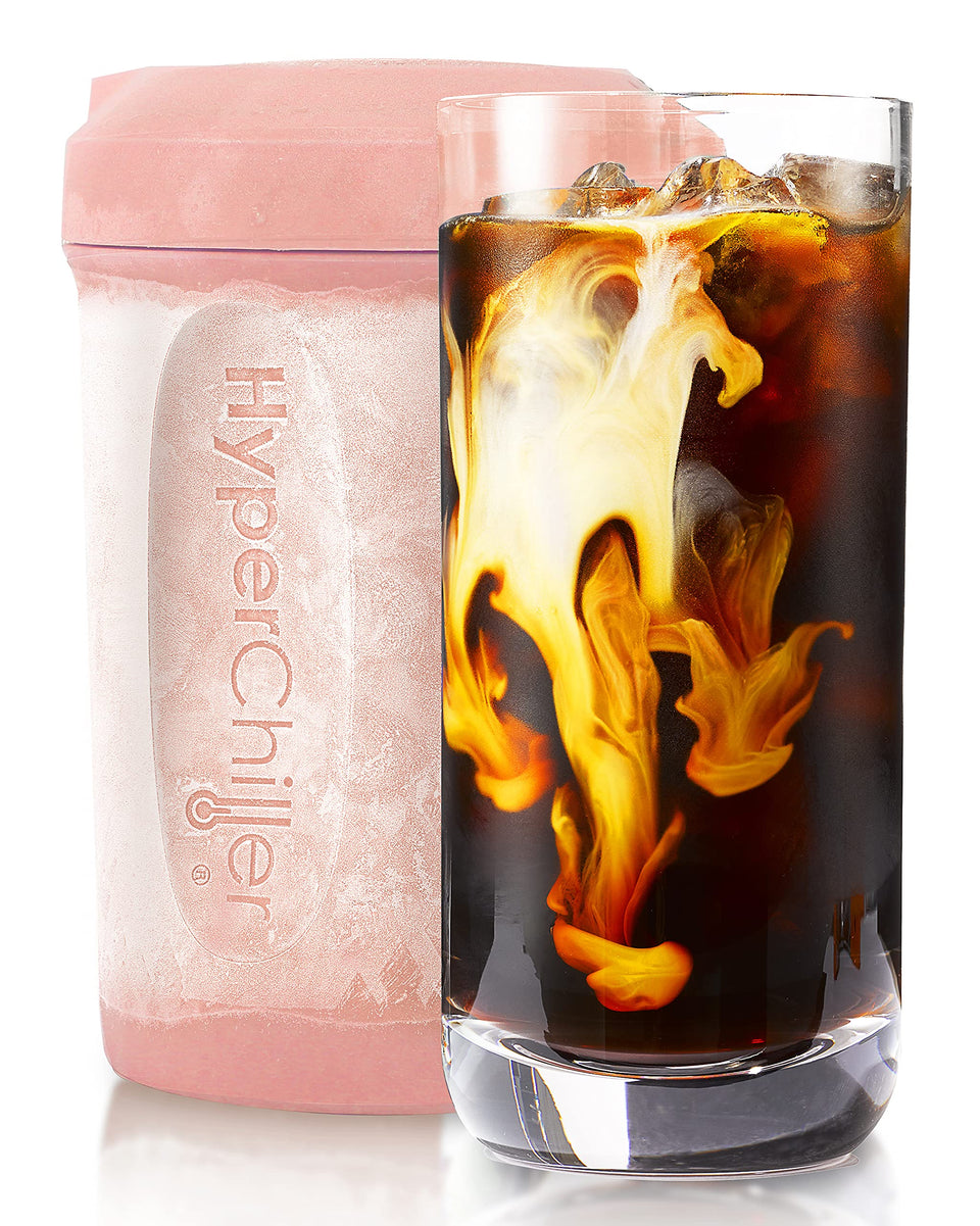 HyperChiller rose-gold unit chills hot coffee to iced coffee in minutes.