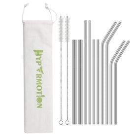Hypermotion stainless steel straw set with six straight and four curved straws.