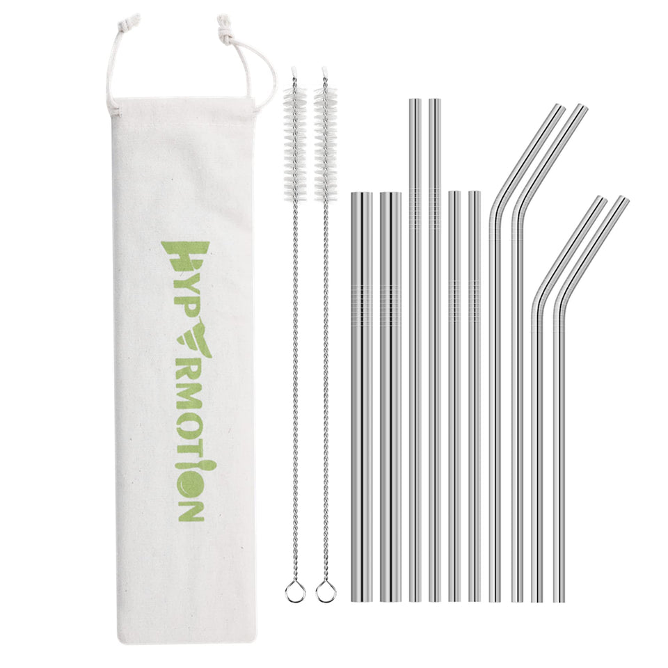 Hypermotion stainless steel straw set with six straight and four curved straws.
