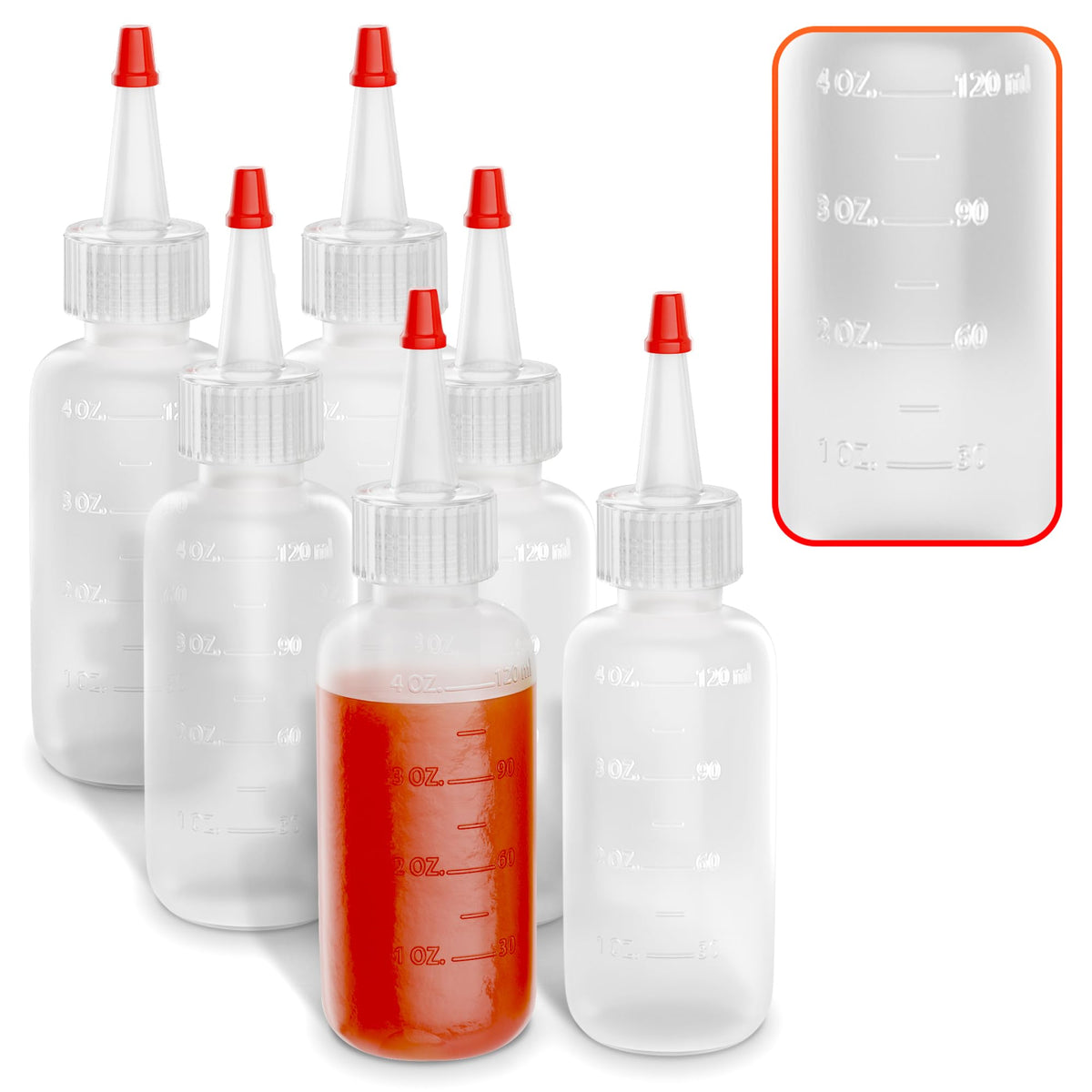 HYQO six-pack squeeze bottles set with 4 oz capacity for precise sauce dispensing.