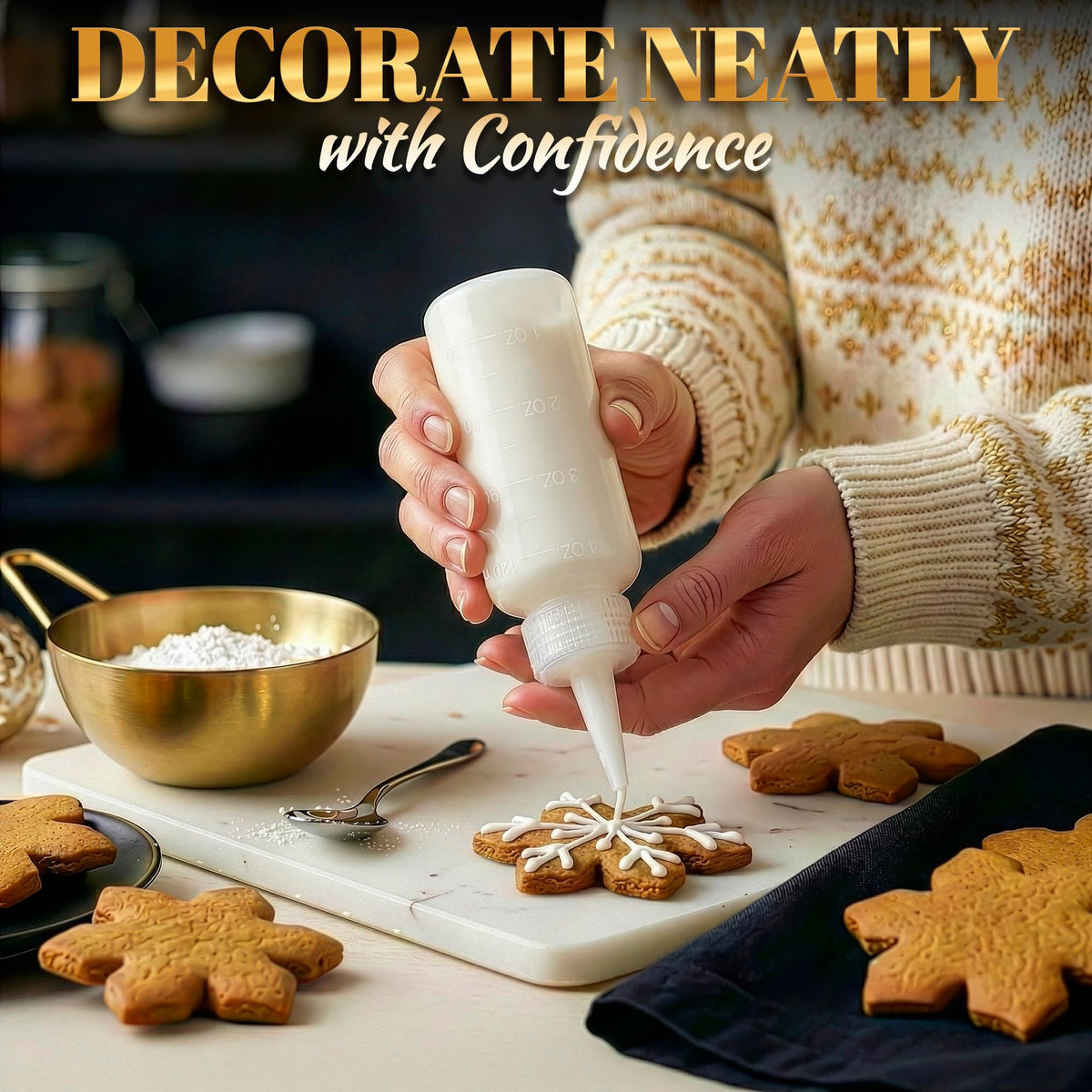 HYQO dishwasher-safe bottles simplify cleaning after decorating sessions.