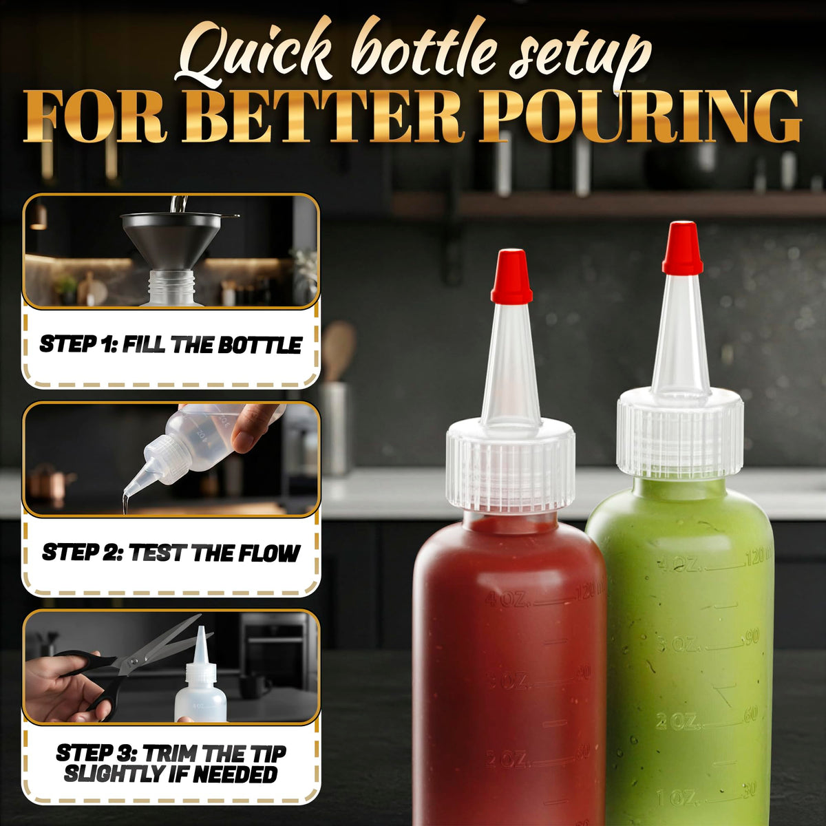 HYQO leak-protection cap reduces spills during pouring and storage.