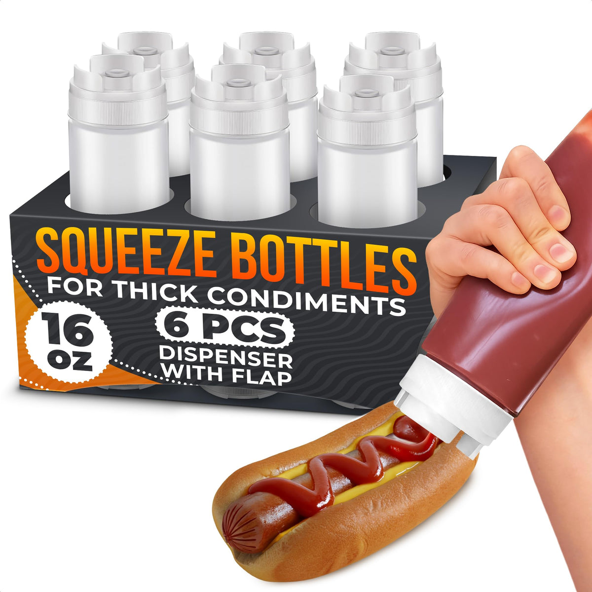 HYQO six-bottle set with 16 oz each for organized fridge storage and mess-free dressings