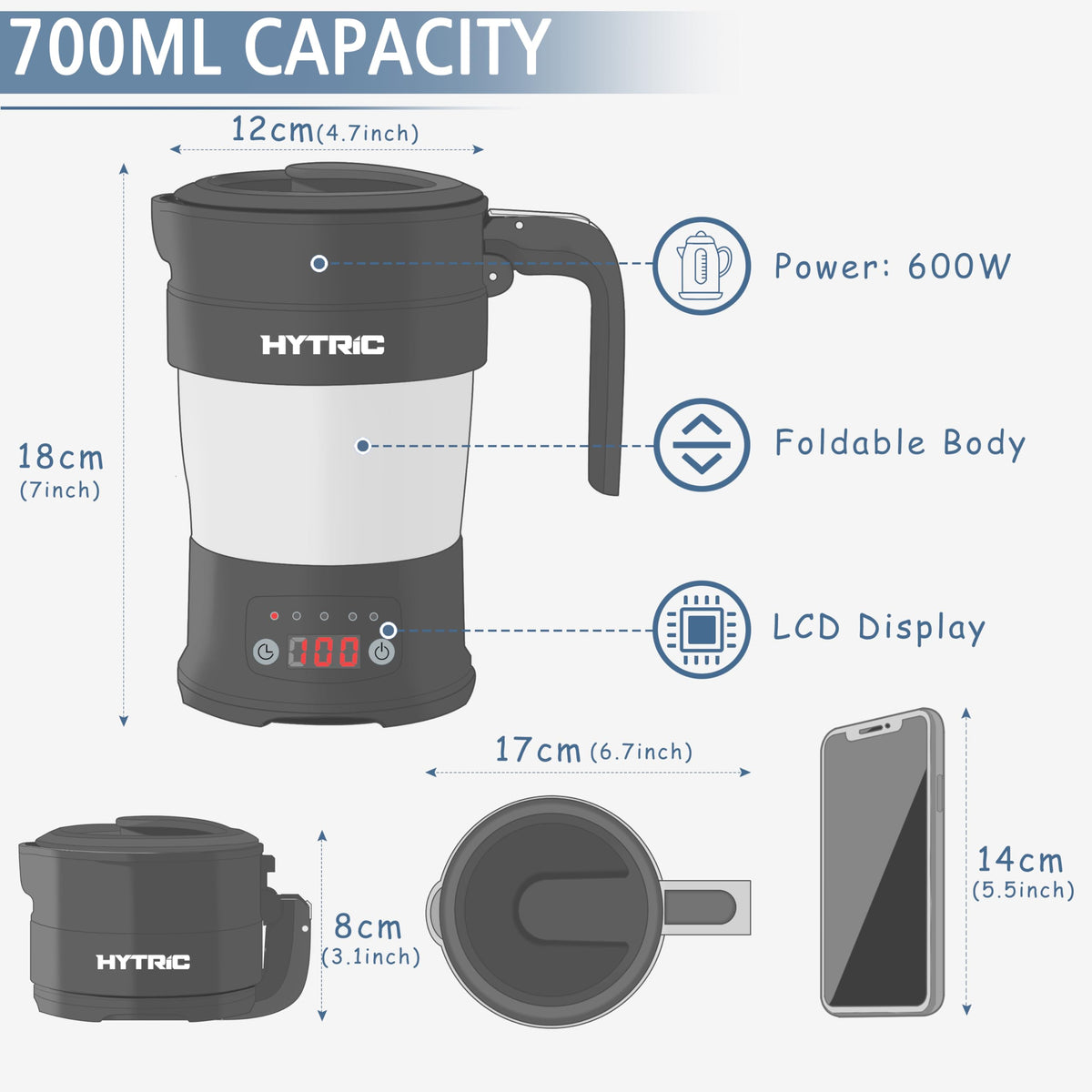 HYTRIC kettle with detachable cord for versatile storage and setup.