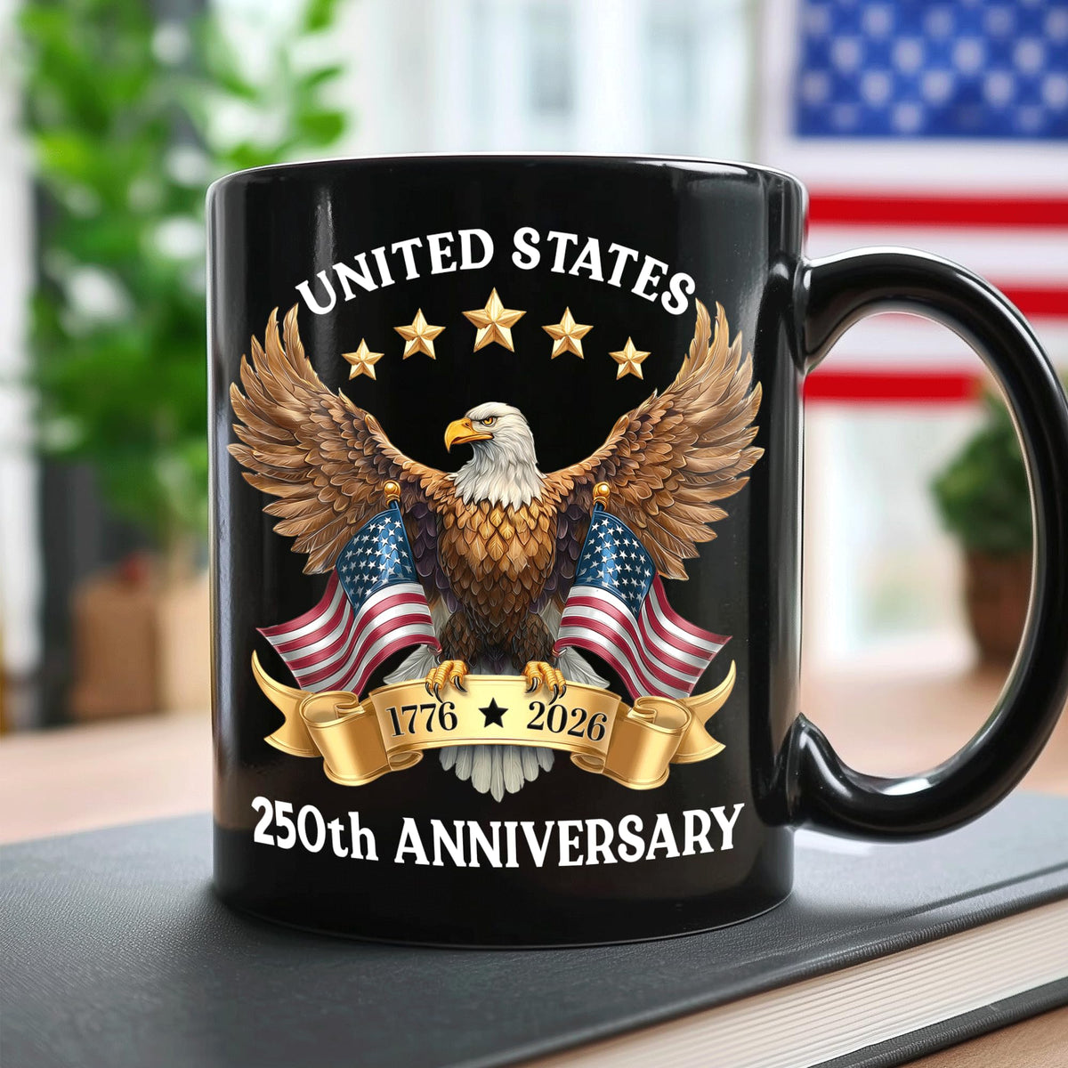 Hyturtle mug side view with eagle and flag for patriotic display