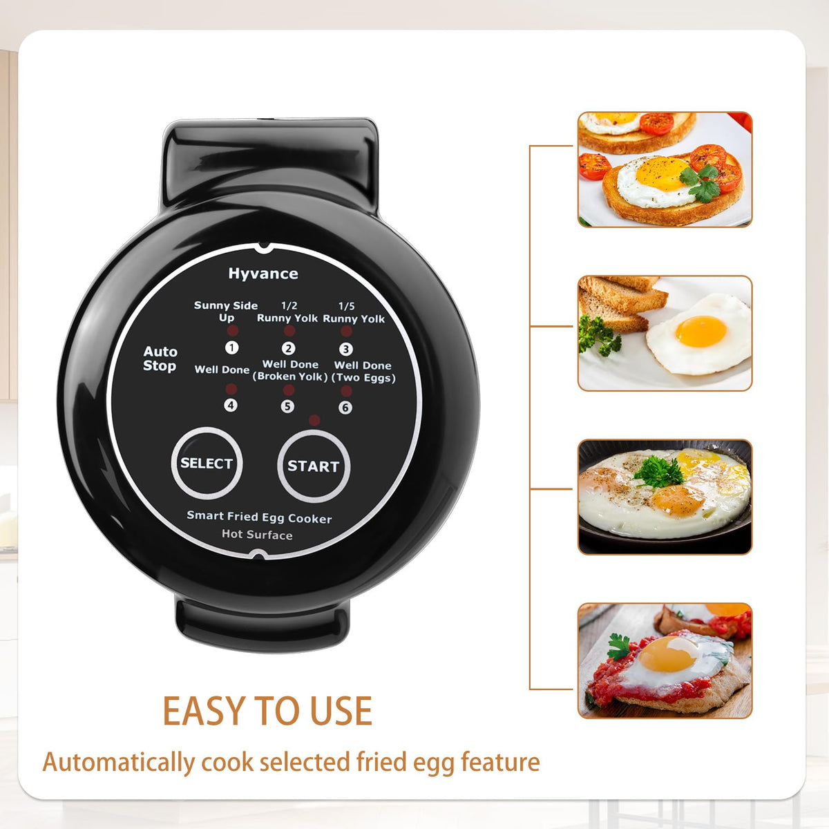 Hyvance Smart Fried Egg Cooker front view highlights simple one-button operation for stress-free mornings.