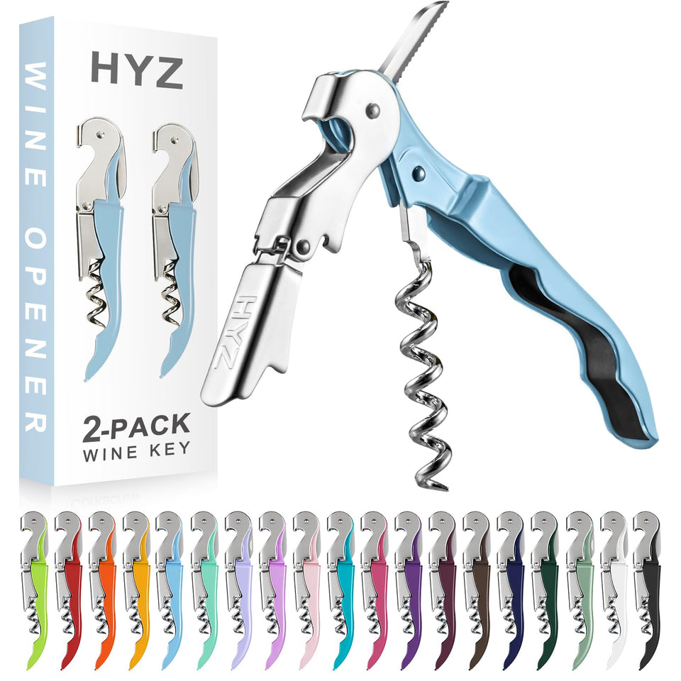 HYZ 2-pack wine opener with waiter corkscrew in sky blue, travel-ready for servers.