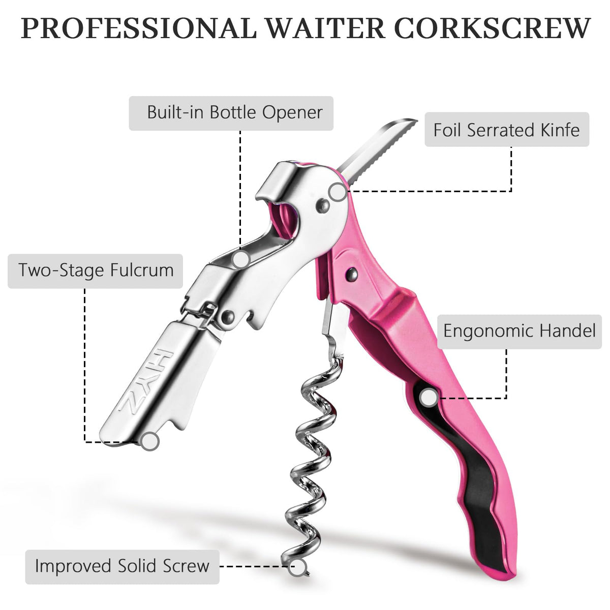 HYZ waiter corkscrew with double-hinged design for smooth cork removal.