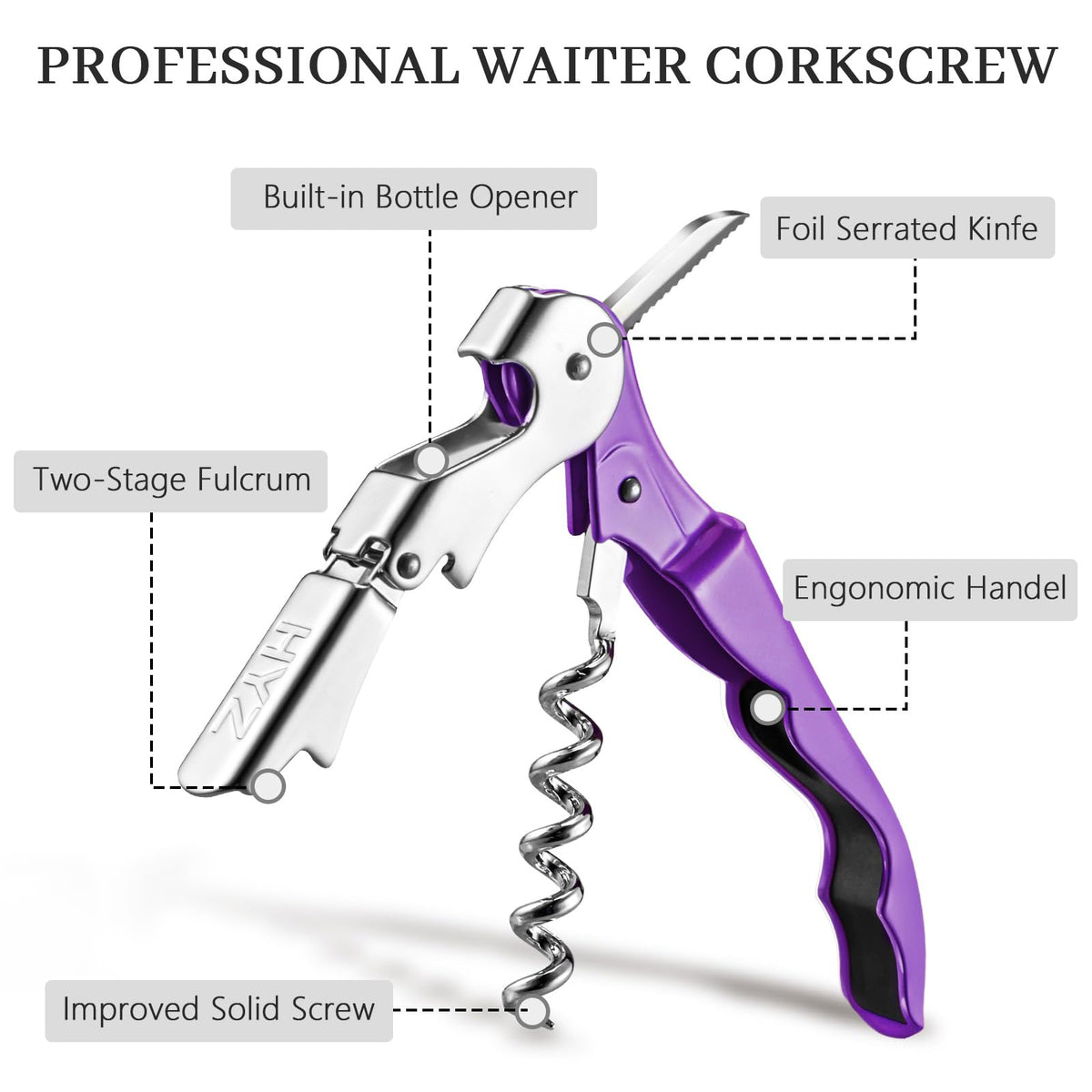 HYZ waiter corkscrew with double-hinged design delivering smooth leverage.
