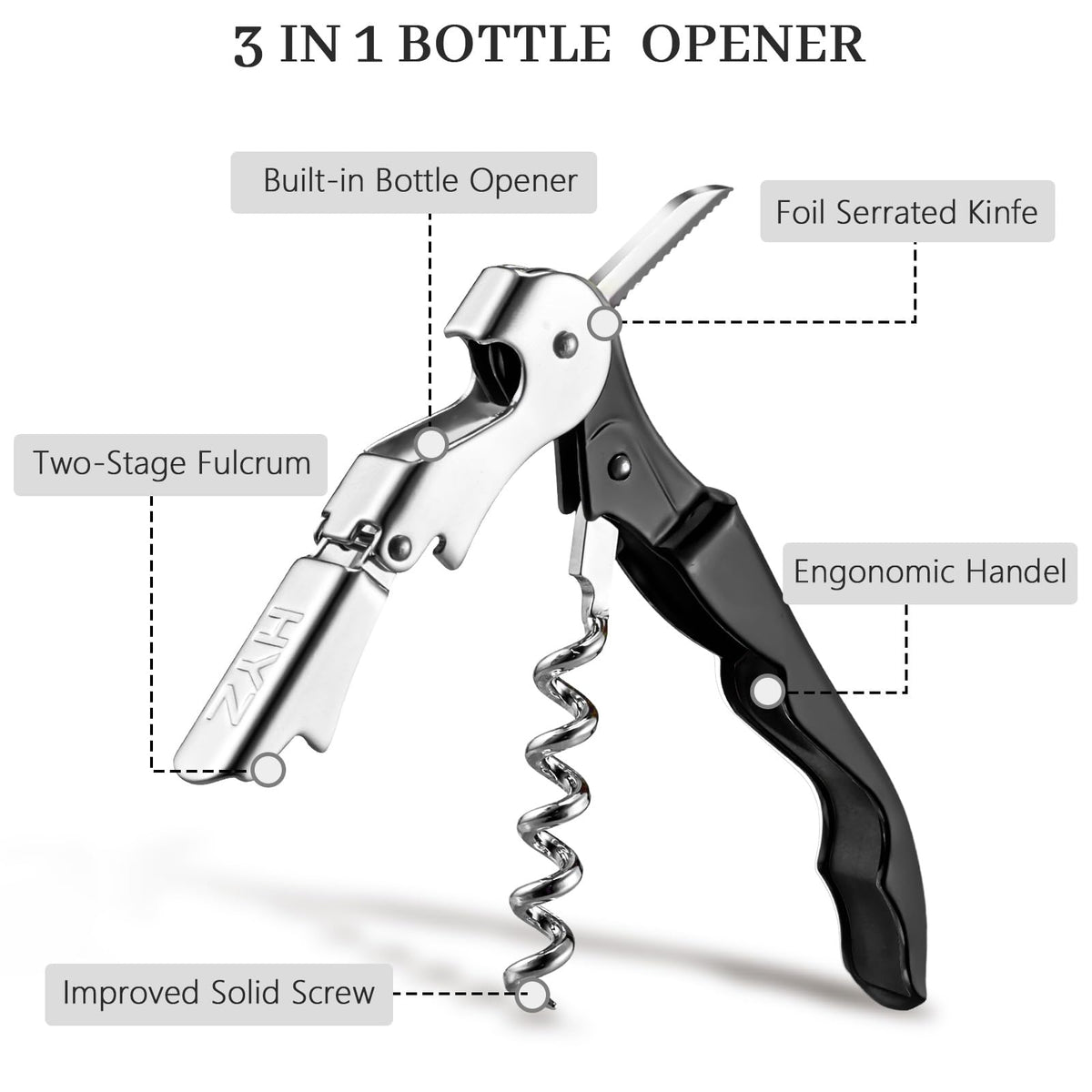 HYZ double-hinged waiter’s corkscrew featuring built-in foil cutter and bottle opener.