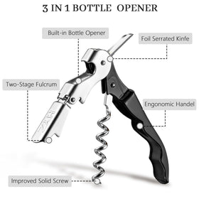 HYZ double-hinged waiter’s corkscrew featuring built-in foil cutter and bottle opener.
