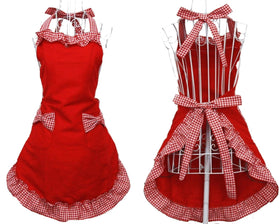 Hyzrz red cotton apron with pockets for women, keeps clothes clean while cooking.