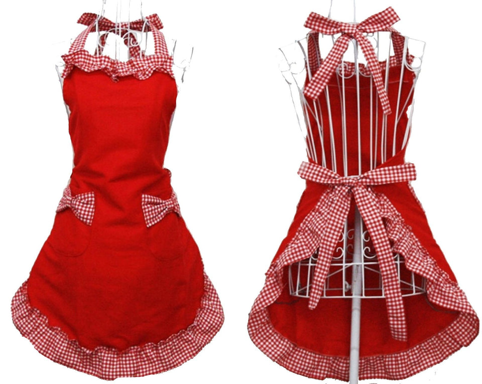 Hyzrz red cotton apron with pockets for women, keeps clothes clean while cooking.