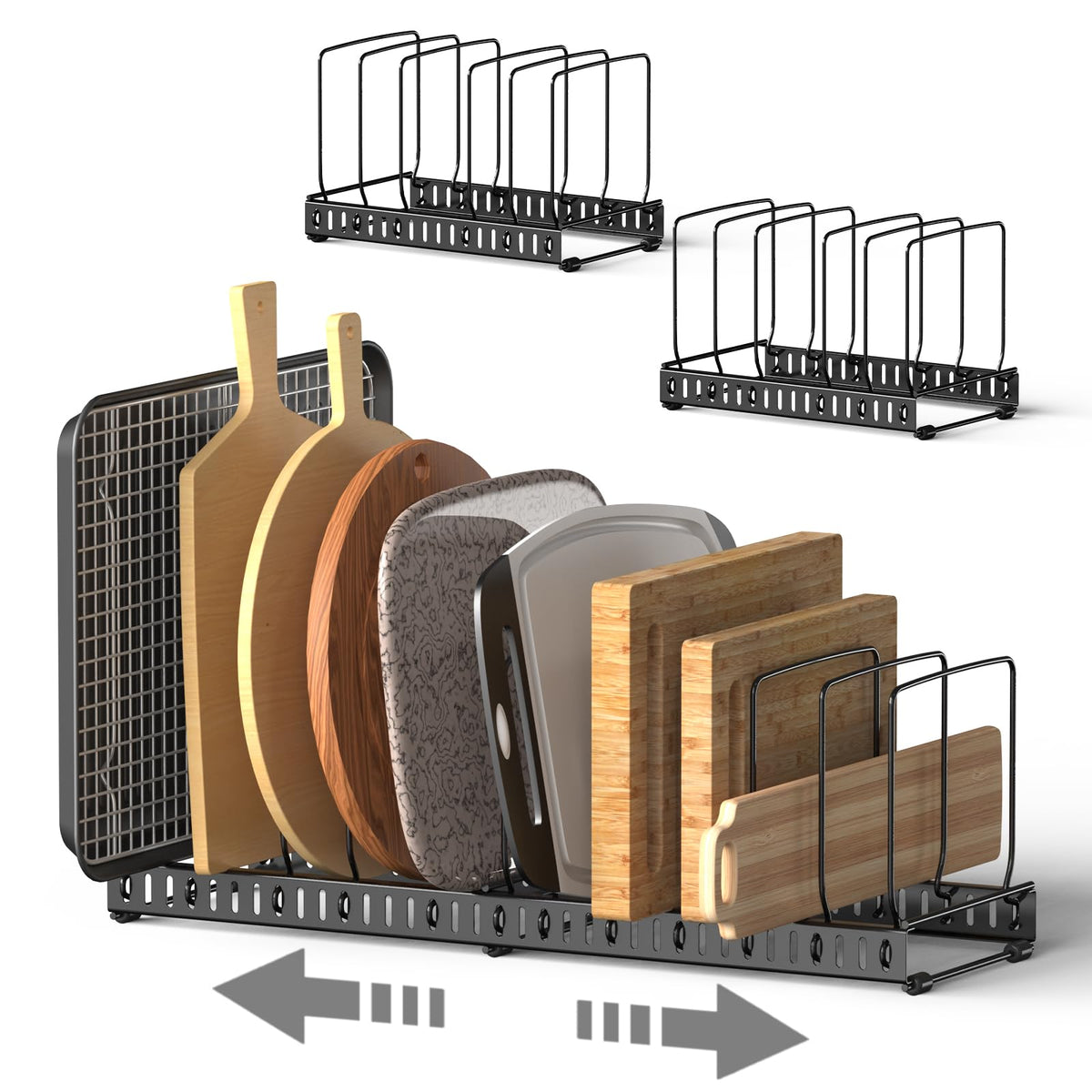 HzTinT cutting board organizer back view for compact storage in a cabinet