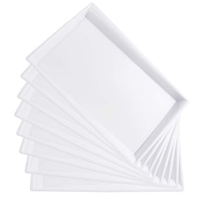 I00000 white plastic serving tray 15x10, front view, sturdy for party servings.