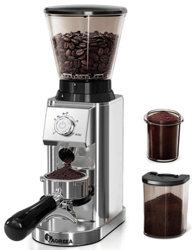 IAGREEA conical burr grinder front view with stainless steel housing for precision.