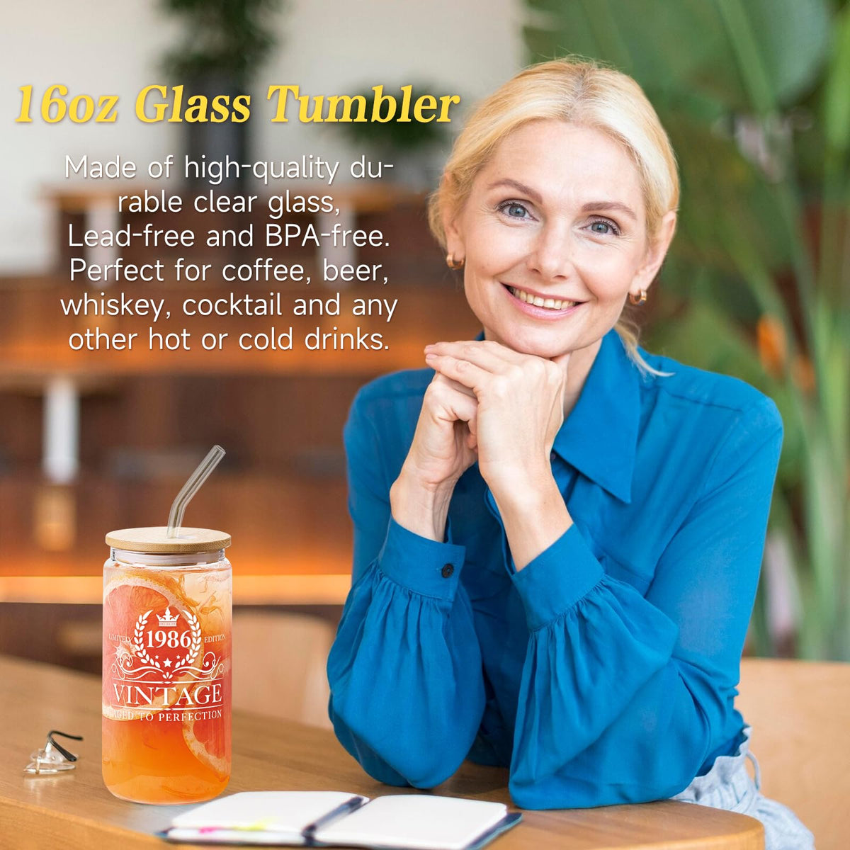 iAOVUEBY 16oz glass coffee cup, durable and easy to clean for hot or cold beverages.