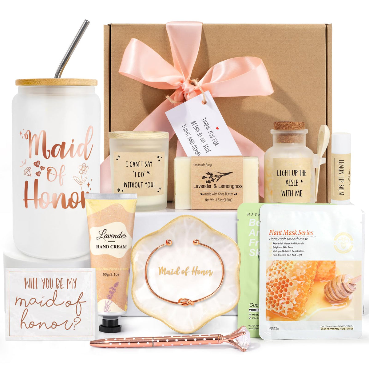 iAOVUEBY maid of honor glass cup with bamboo lid for wedding toasts and keepsake