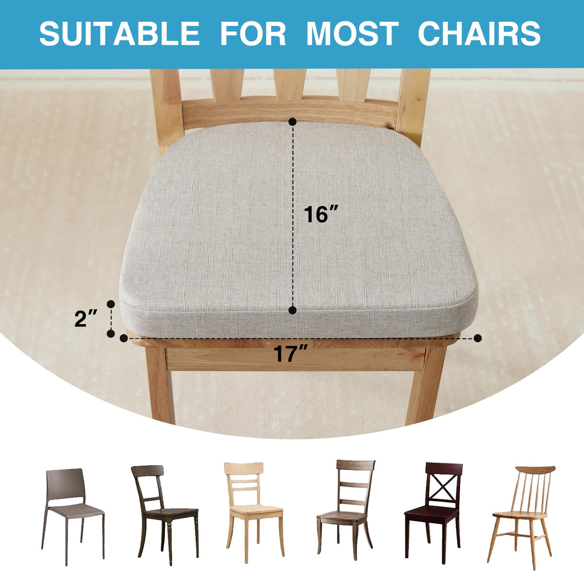 IASEAHK 17x16x2 inch cushion on hardwood chair demonstrates a snug fit.