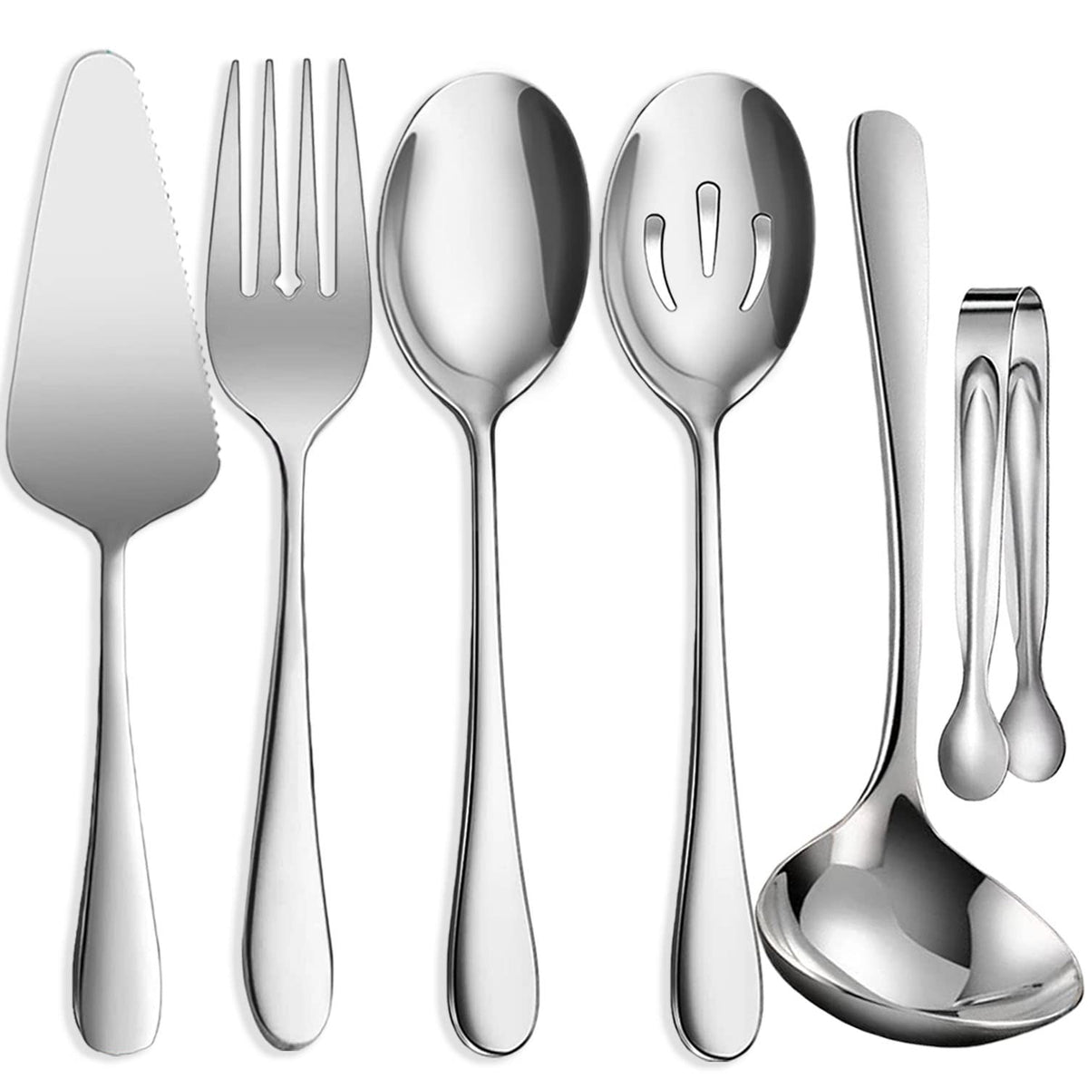 IAXSEE 6-piece stainless steel serving utensils set with a mirror finish for elegant buffets.