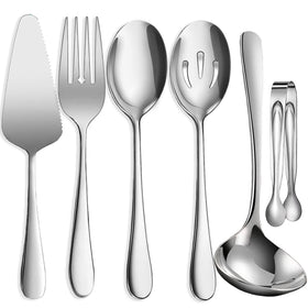 IAXSEE 6-piece stainless steel serving utensils set with a mirror finish for elegant buffets.