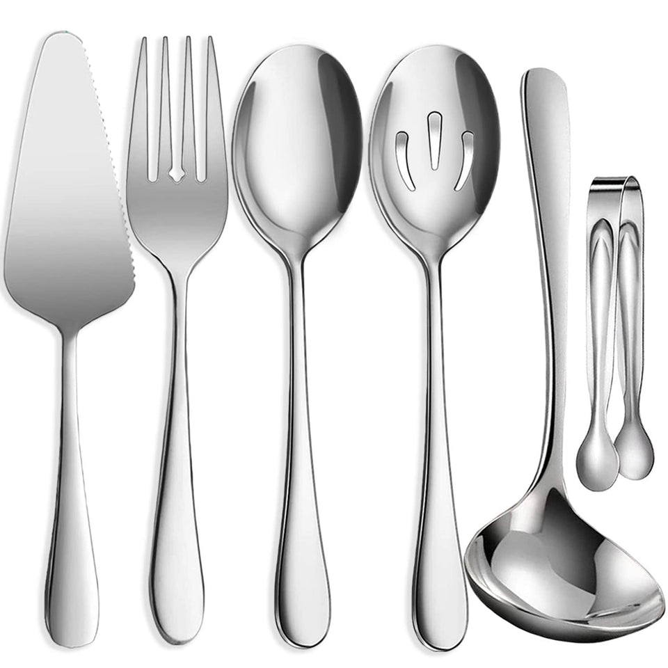 IAXSEE 6-piece stainless steel serving utensils set with a mirror finish for elegant buffets.
