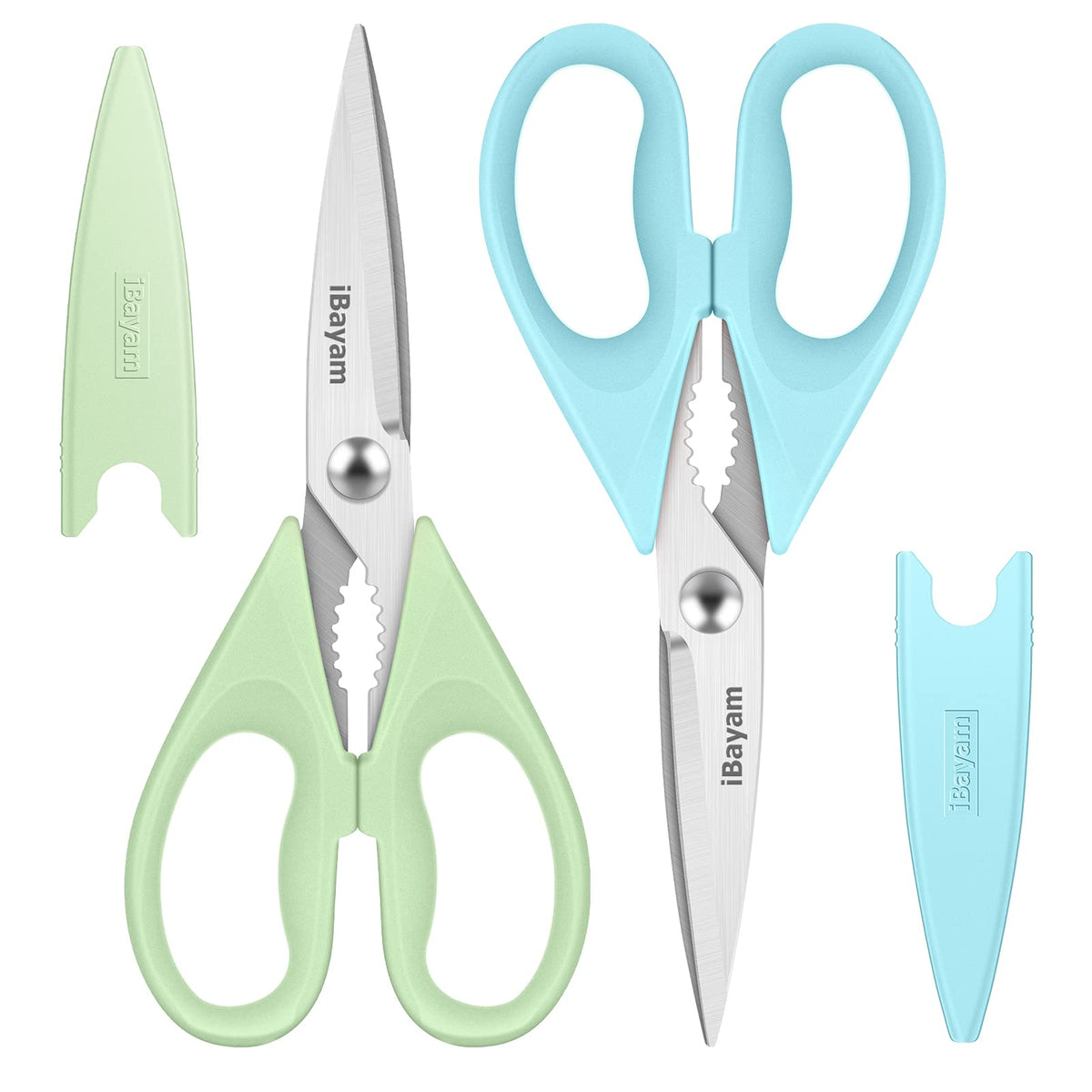 iBayam kitchen shears with light blue handle cutting meat and poultry