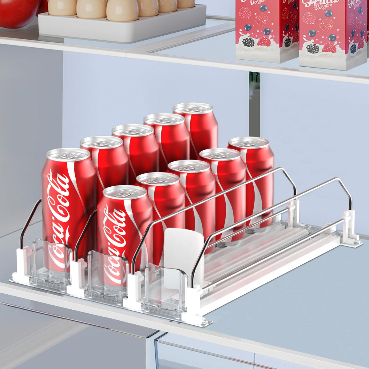 IBORING drink organizer shows 3-row capacity, helping keep cans neatly organized in your fridge
