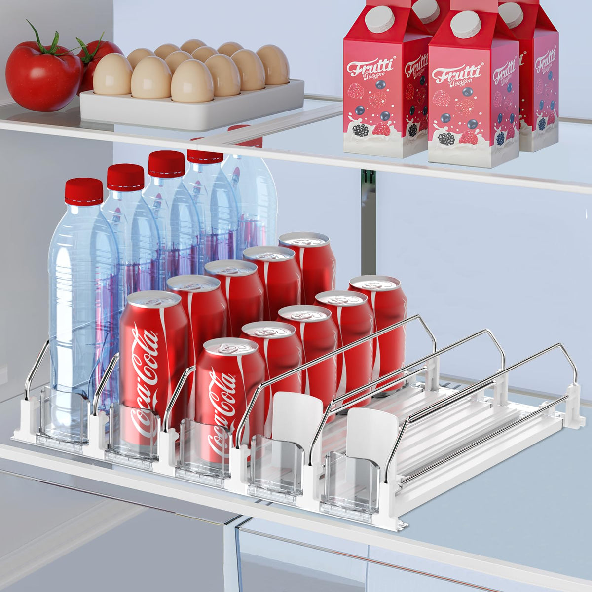IBORING drink organizer fridge with 5-row capacity for tidy can storage.